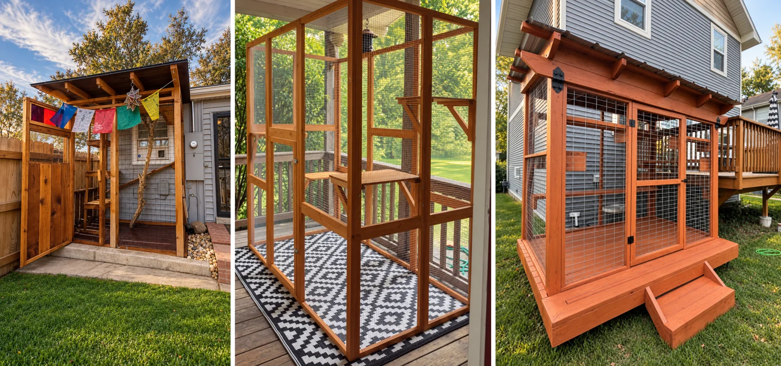 Against the house, On the porch, Freestanding: “Catios: outdoor enclosures that keep your kitties safe and still let them enjoy the outdoors.”