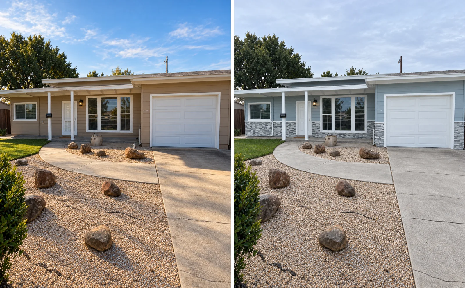 Before, After: “Beige to blue.” Full exterior repaint with a new stone veneer base