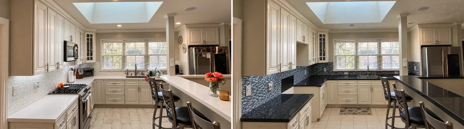Before, After: Kitchen remodel: new granite counters, glass mosaic backsplash and updated lighting