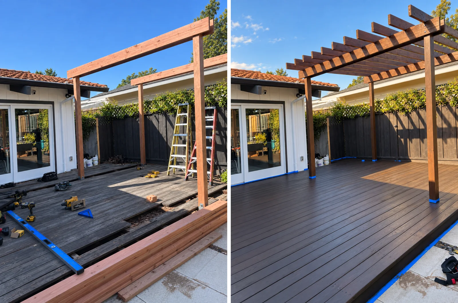 In progress, Finished: “Built a new pergola and stained it and the deck to match!”