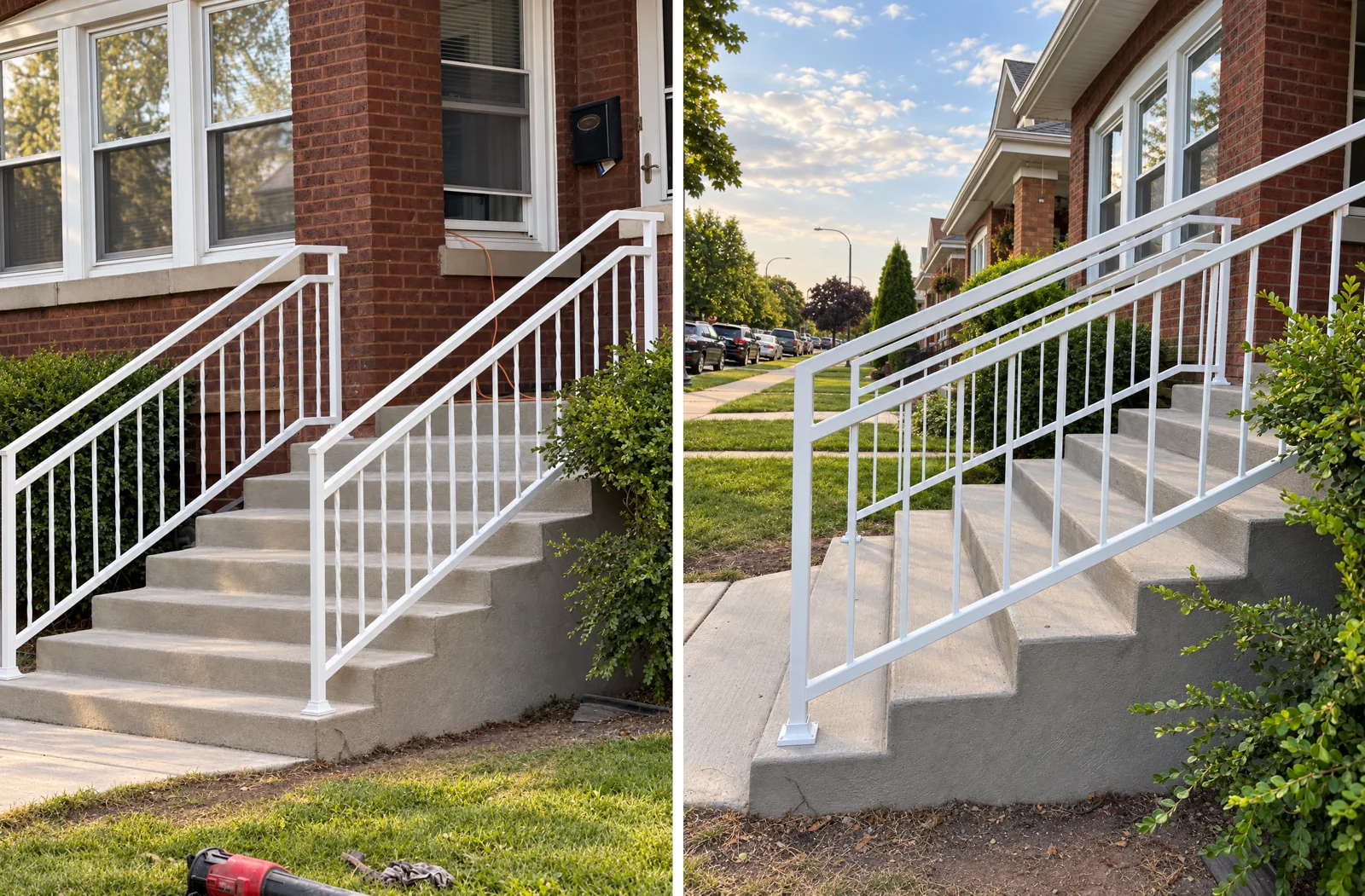 From the walk, From the side: White metal handrails on the front steps