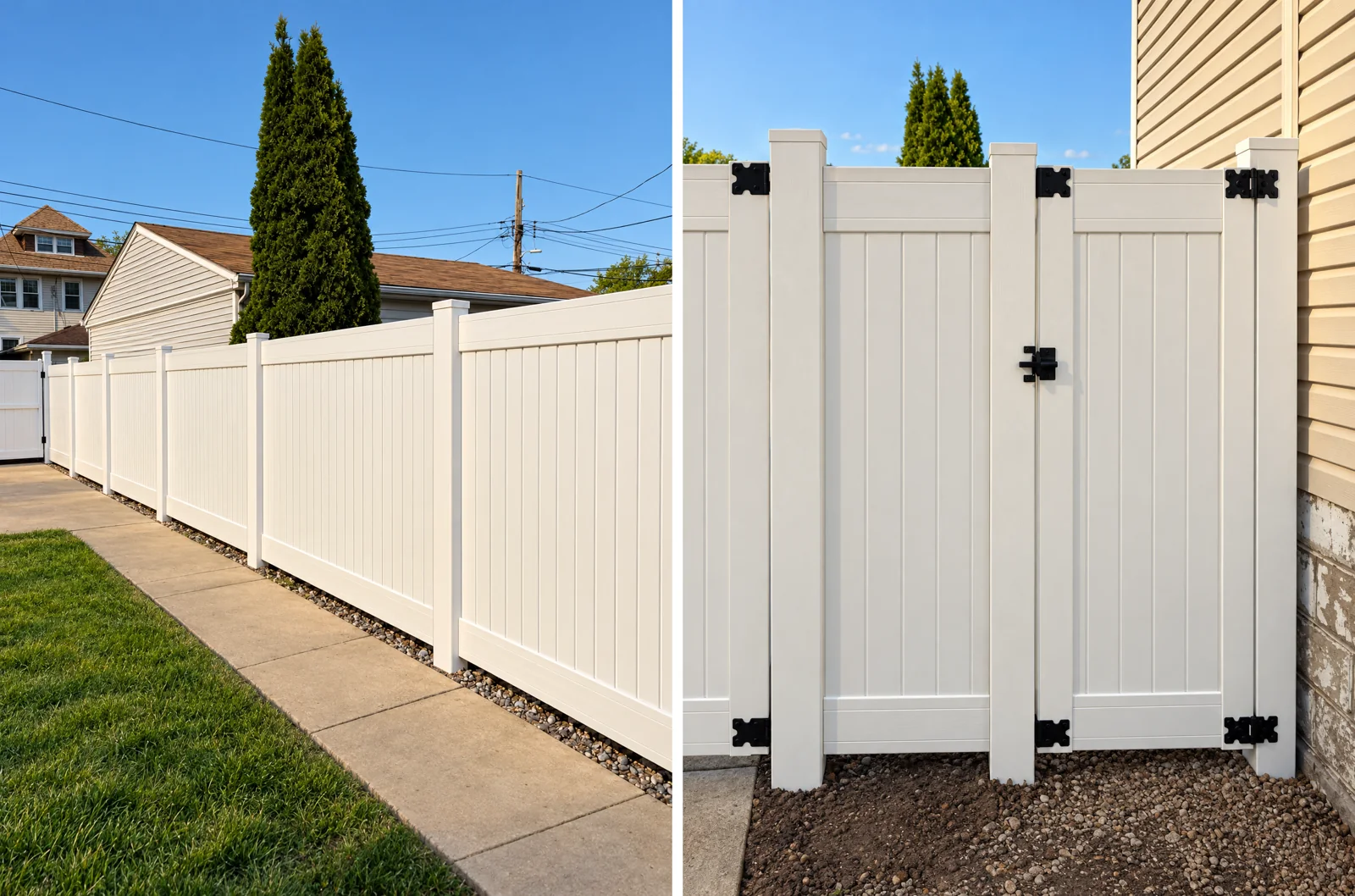 Fence line, Gate: White vinyl privacy fence with a matching gate